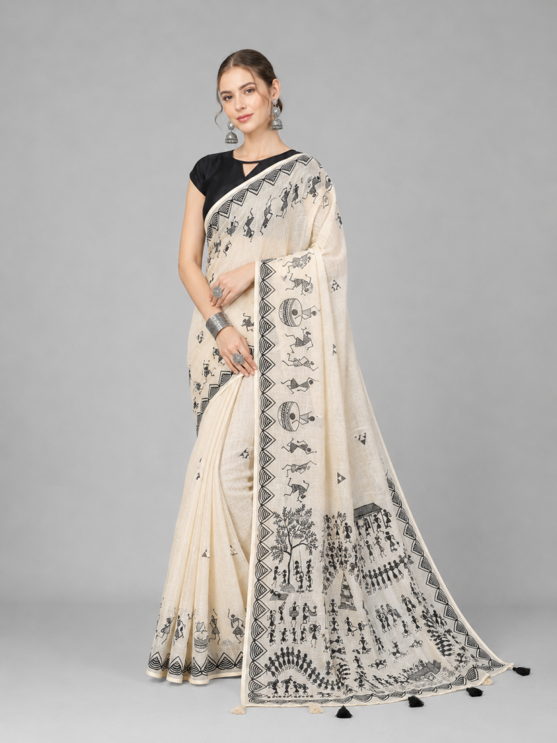 Women’s Cream Hand Block Print Saree with Black Tribal Art Design