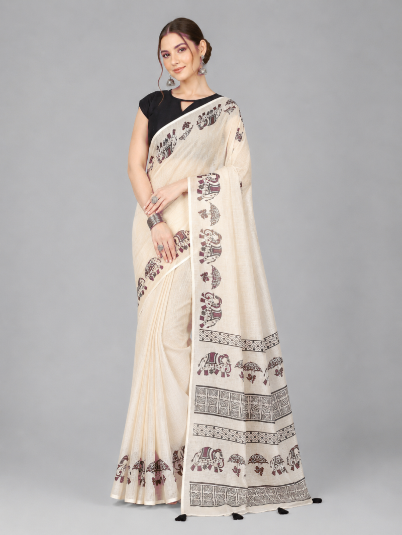 Women’s Cream Hand Block Print Saree with Black Tribal Art Design