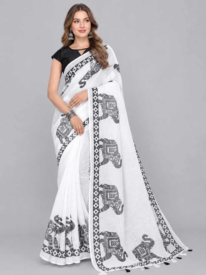 Women’s Cream Hand Block Print Saree with Black Tribal Art Design