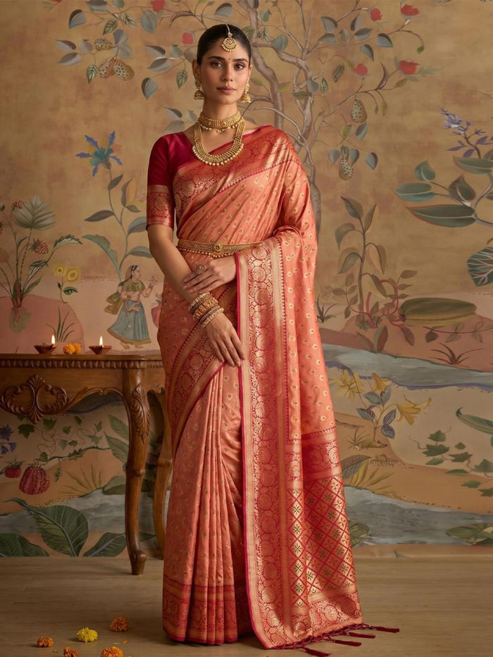 Women’s Red Banarasi Style Saree with Golden Zari Border
