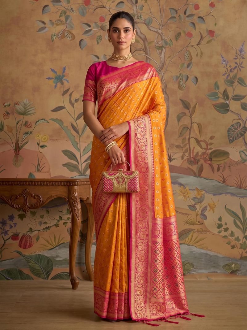 Women’s Yellow Banarasi Style Saree with Golden Zari Border