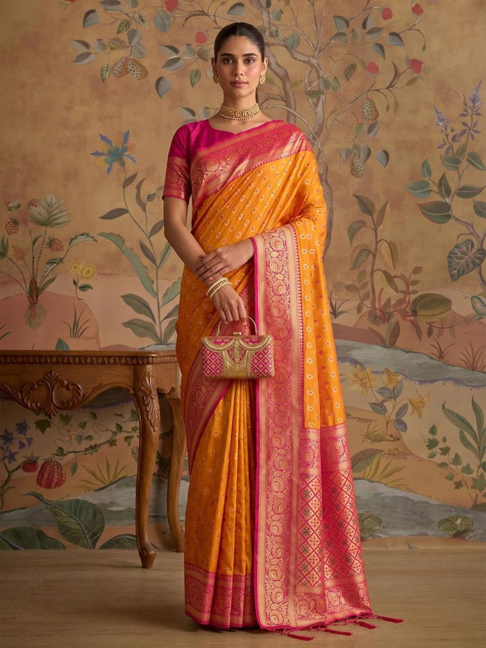 Women’s Yellow Banarasi Style Saree with Golden Zari Border