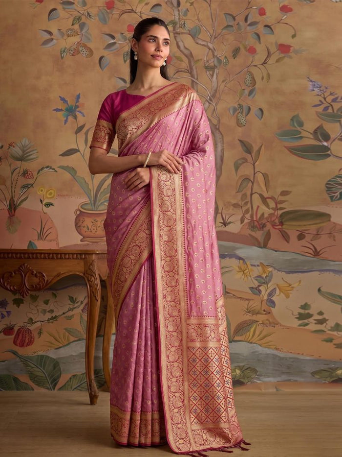Women’s Pink Banarasi Style Saree with Golden Zari Border