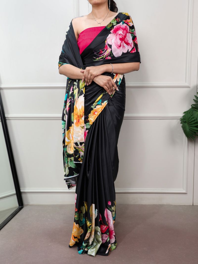 Women’s Black Floral Print Saree with Multicolor Flower Design