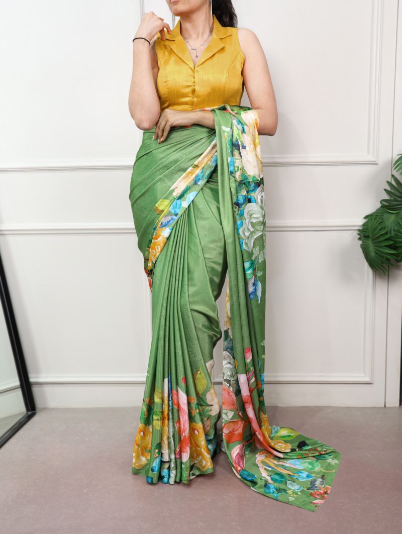 Women’s Green Floral Print Saree with Multicolor Flower Design