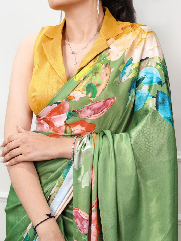 Women’s Green Floral Print Saree with Multicolor Flower Design