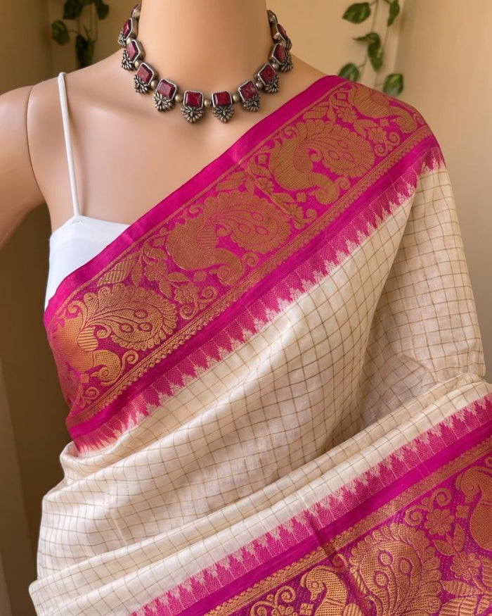 Women’s White & Pink Saree with Golden Paisley Woven Border