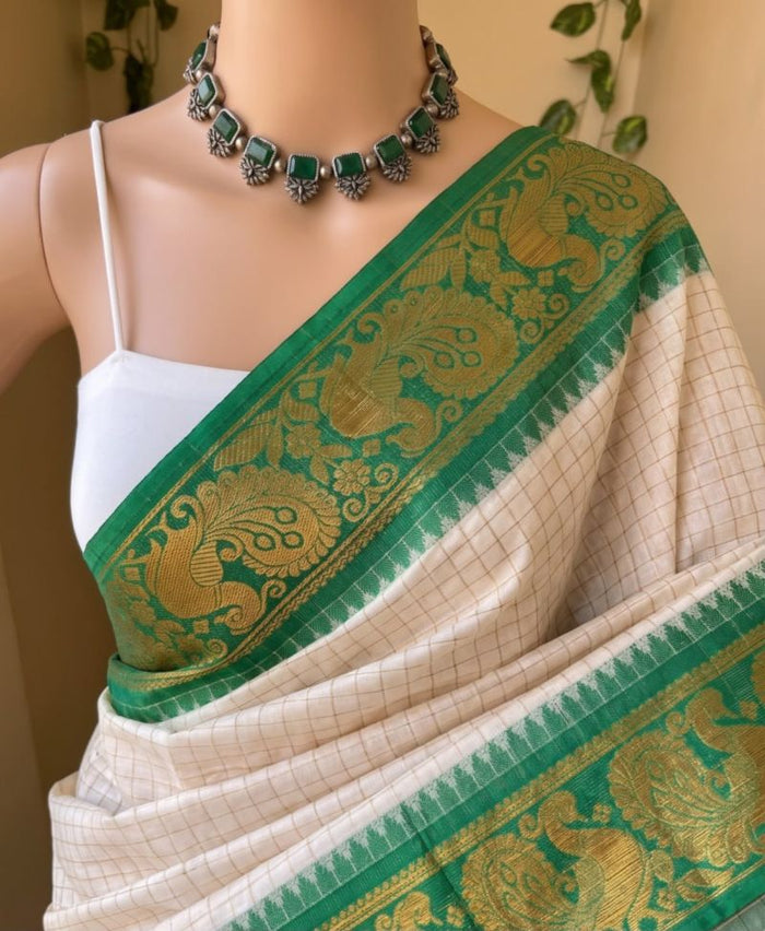 Women’s White & Green Saree with Golden Paisley Woven Border